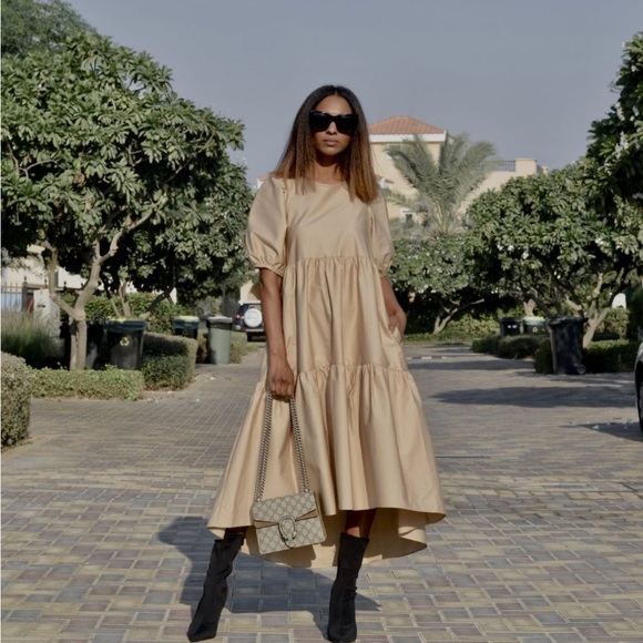 BLOGGERS FAVE Zara Asymmetric Puff Sleeves Tiered Poplin Midi Dress SZ Small - Picture 2 of 16